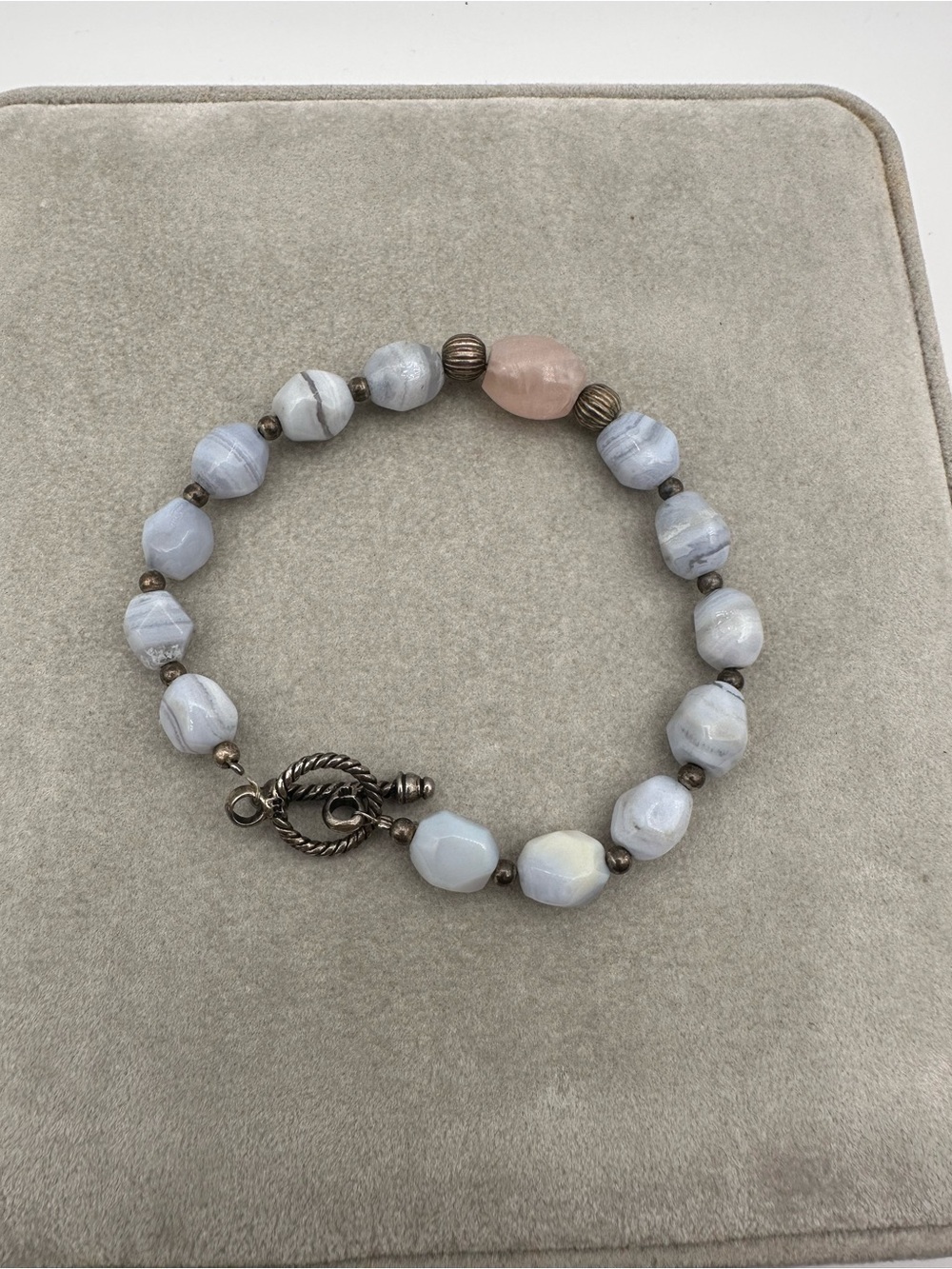 925 Sterling Silver Natural Stone Bracelet Blue Agate Pink Gemstone